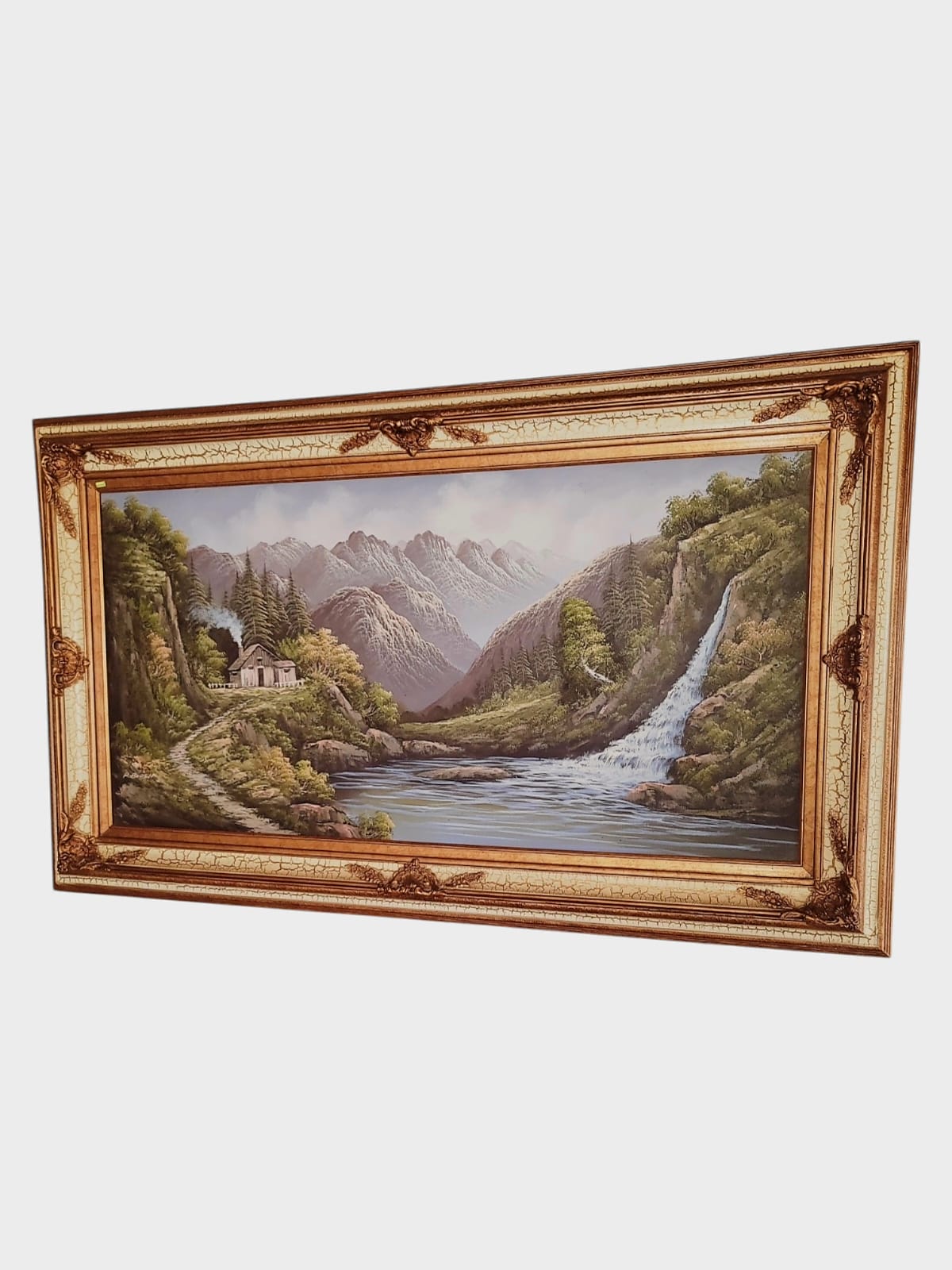 🌺 🖼️ Pintura Original al Oleo – Cabaña entre Montañas y Lago por R. Boren 🖌️🎨