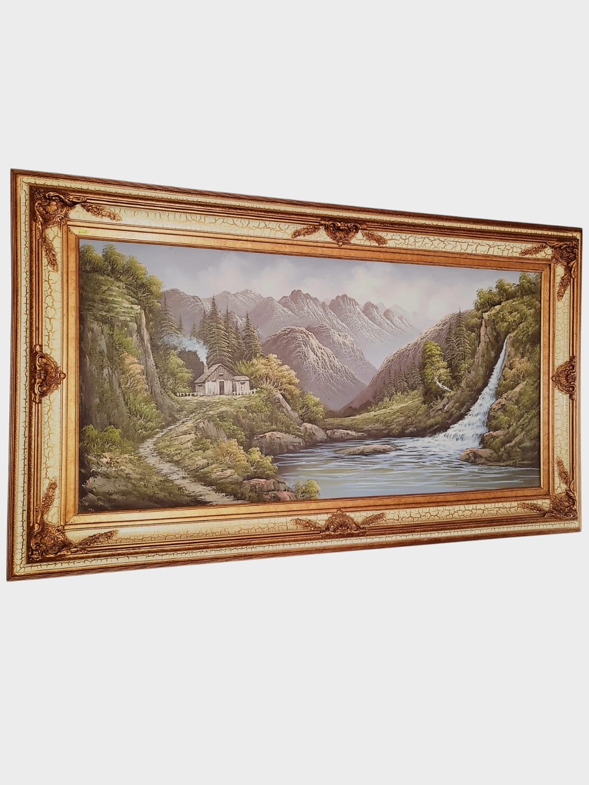 🌺 🖼️ Pintura Original al Oleo – Cabaña entre Montañas y Lago por R. Boren 🖌️🎨