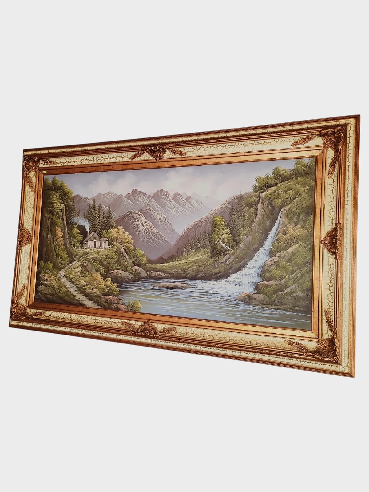 🌺 🖼️ Pintura Original al Oleo – Cabaña entre Montañas y Lago por R. Boren 🖌️🎨