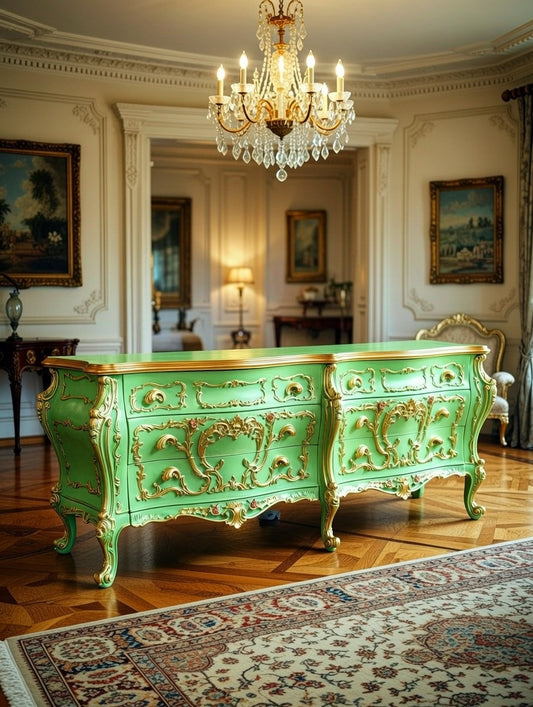 🌿Comoda estilo Rococo, Color Pistachio, Con Tonos Color Dorado🌿