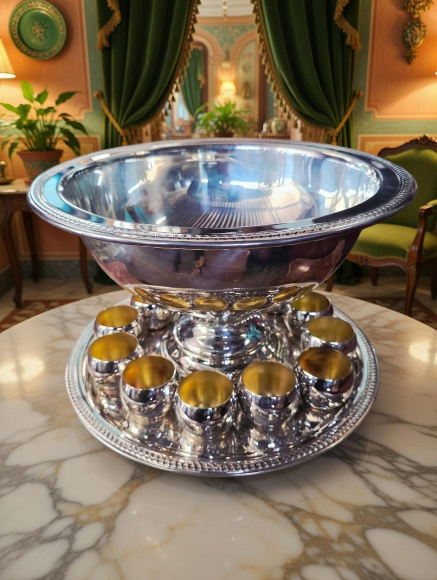 🏺✨ Vintage FB Rogers Silver Plated Victorian Style Punch Bowl Set con 12 Vasos y Vase de Servir – Total 14 Piezas ✨🏺
