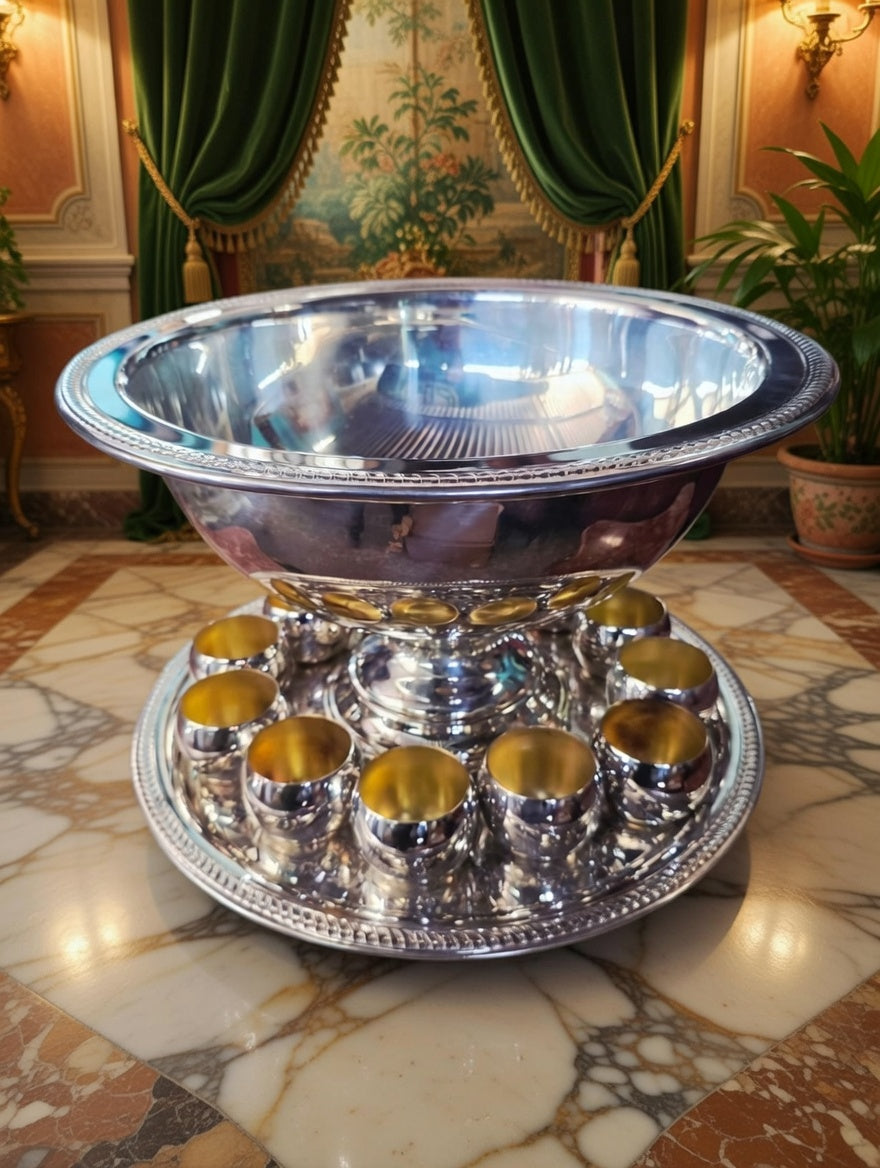 🏺✨ Vintage FB Rogers Silver Plated Victorian Style Punch Bowl Set con 12 Vasos y Vase de Servir – Total 14 Piezas ✨🏺