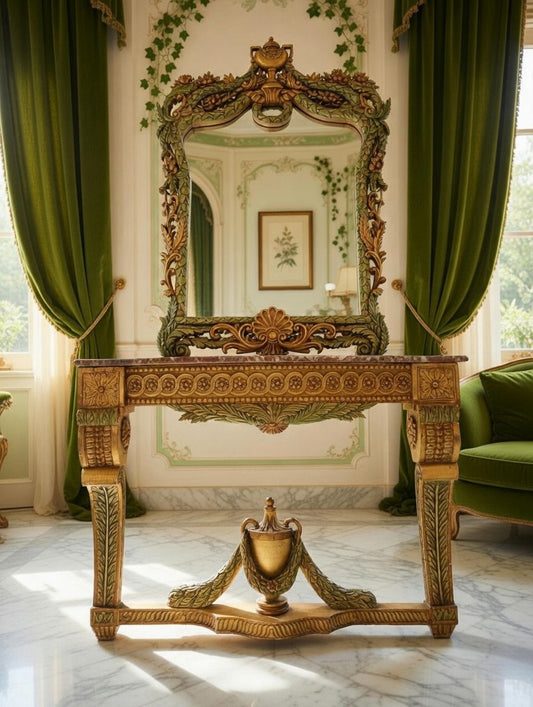 🏛️🌿 Antique Console Table with Hand-Carved Mirror – A Distinguished Ceremonial Piece 🪞🪙