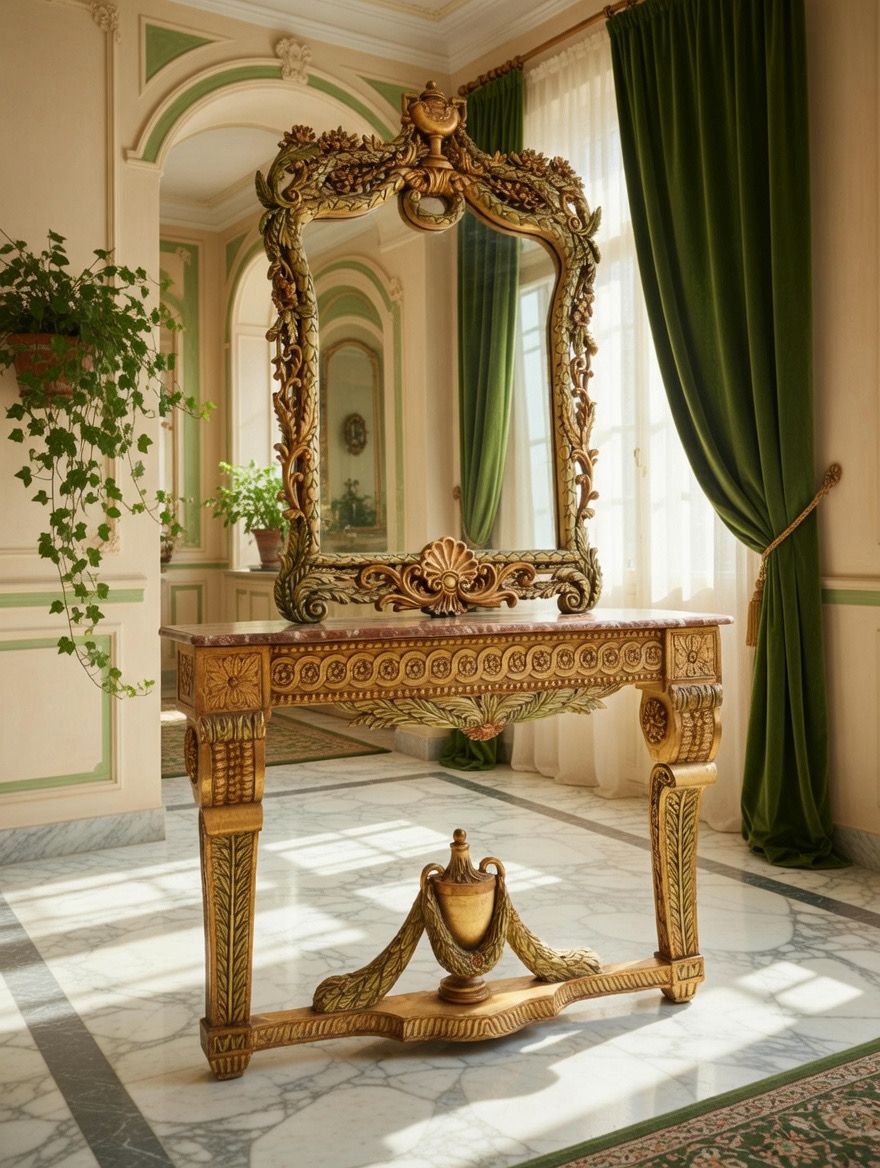 🏛️🌿 Consola Antigua con Espejo Tallado a Mano – Obra Ceremonial de Distinción 🪞🪙