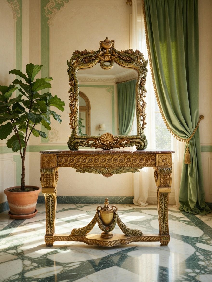 🏛️🌿 Consola Antigua con Espejo Tallado a Mano – Obra Ceremonial de Distinción 🪞🪙