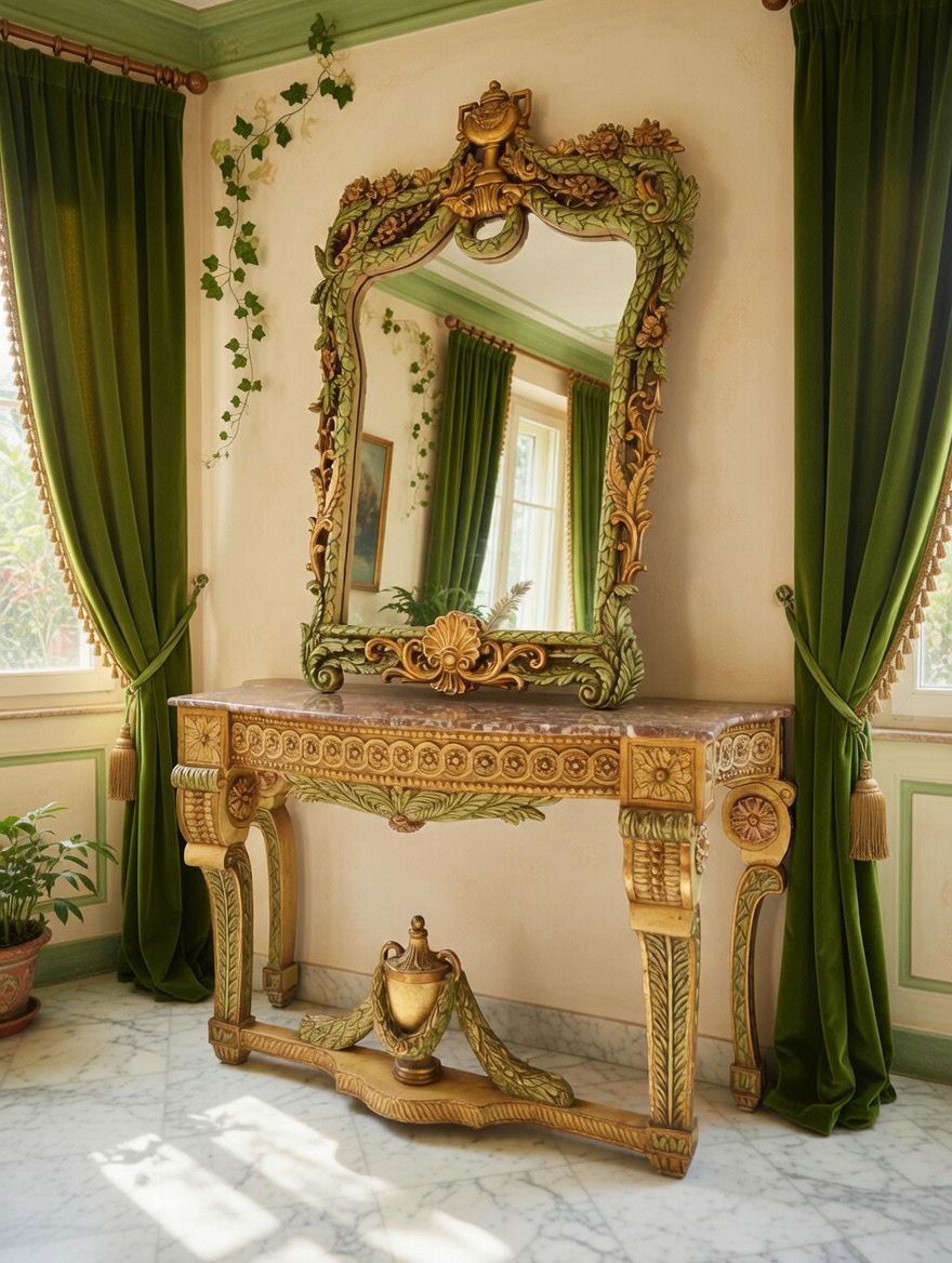 🏛️🌿 Consola Antigua con Espejo Tallado a Mano – Obra Ceremonial de Distinción 🪞🪙