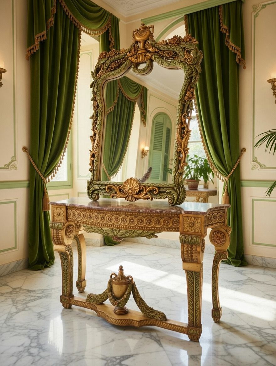 🏛️🌿 Consola Antigua con Espejo Tallado a Mano – Obra Ceremonial de Distinción 🪞🪙