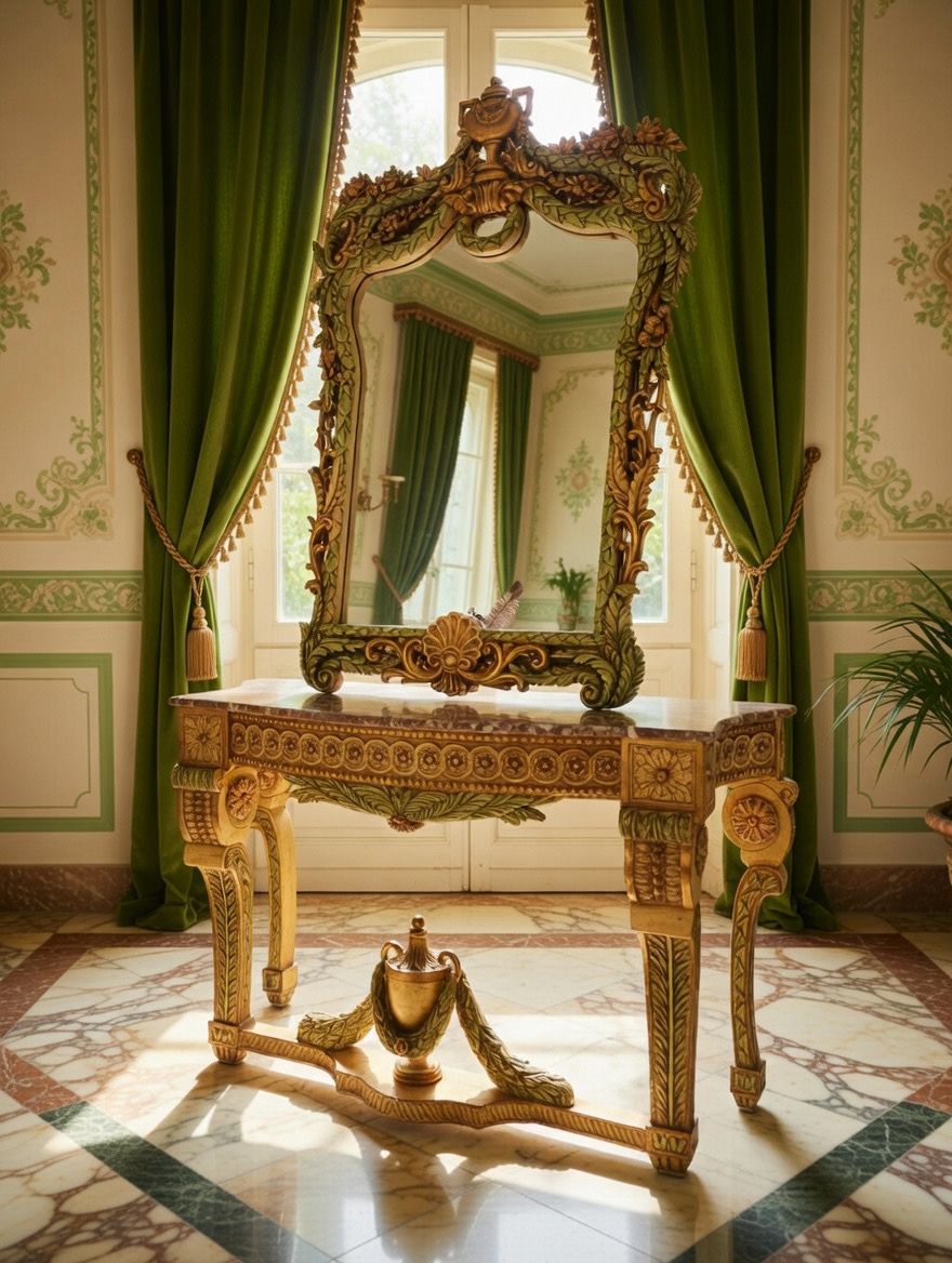 🏛️🌿 Consola Antigua con Espejo Tallado a Mano – Obra Ceremonial de Distinción 🪞🪙