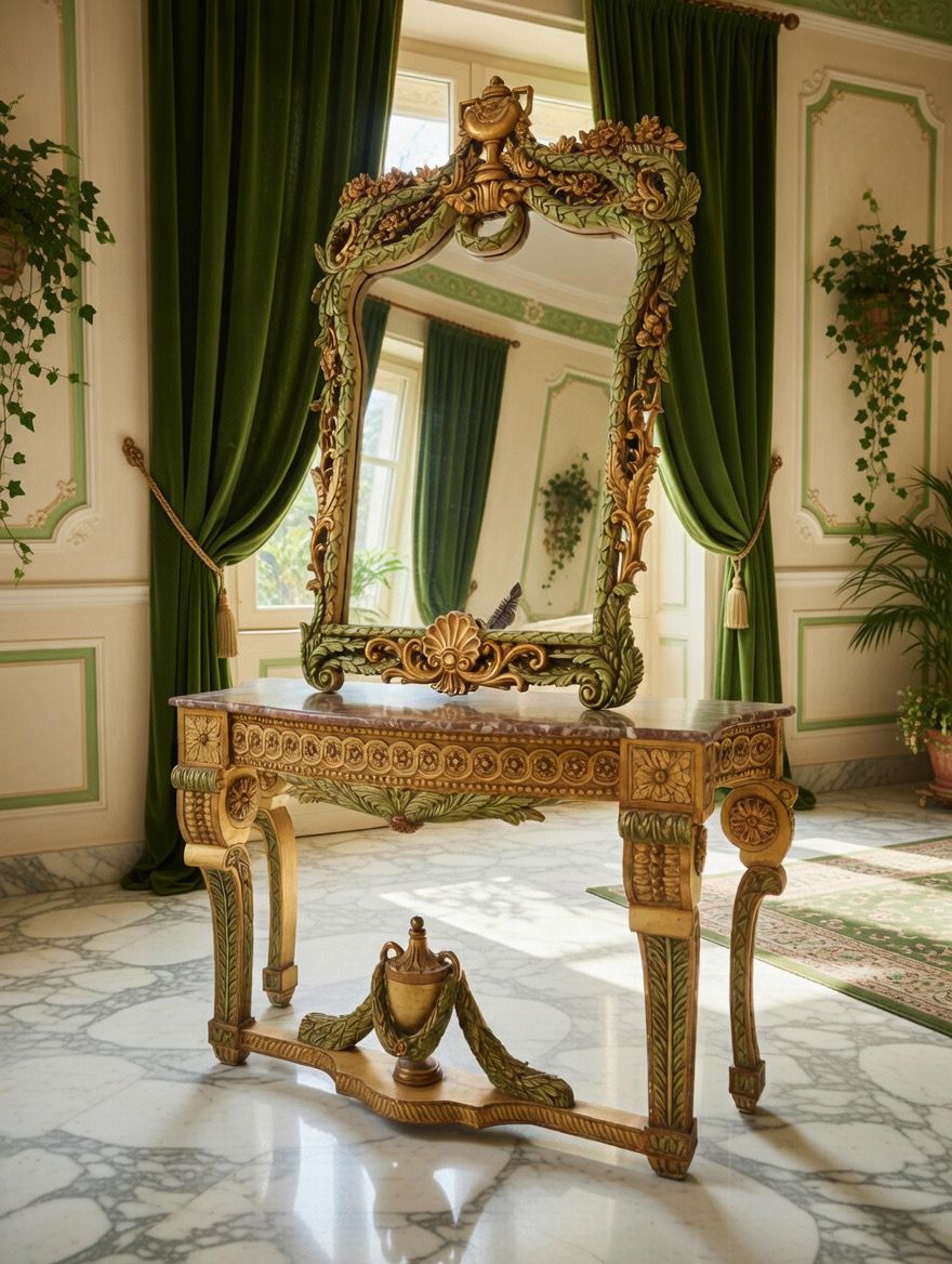 🏛️🌿 Consola Antigua con Espejo Tallado a Mano – Obra Ceremonial de Distinción 🪞🪙