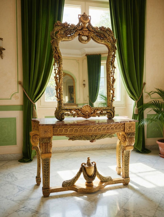 🏛️🌿 Antique Console Table with Hand-Carved Mirror – A Distinguished Ceremonial Piece 🪞🪙