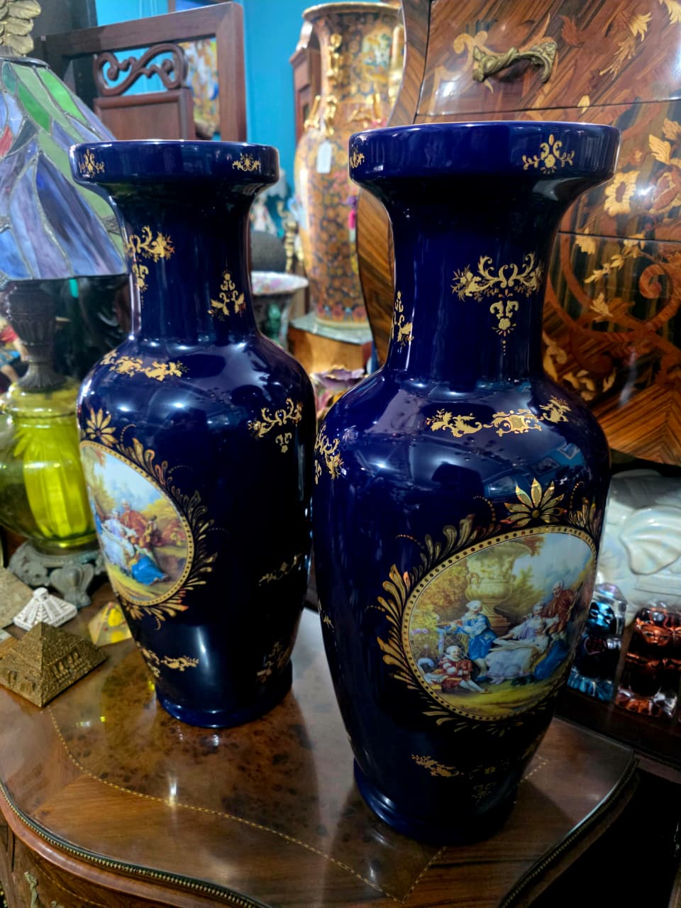Pair of Cobalt Porcelain Vases with Classical Scenes 🌹🏺