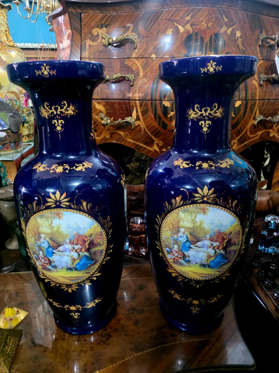 Pair of Cobalt Porcelain Vases with Classical Scenes 🌹🏺