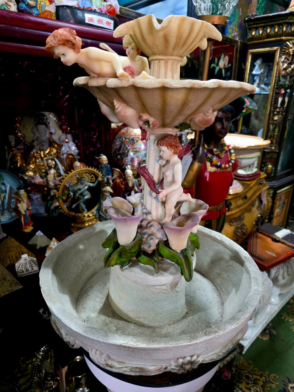 Cherub Fountain with Lilies in Polychrome Resin🕊️