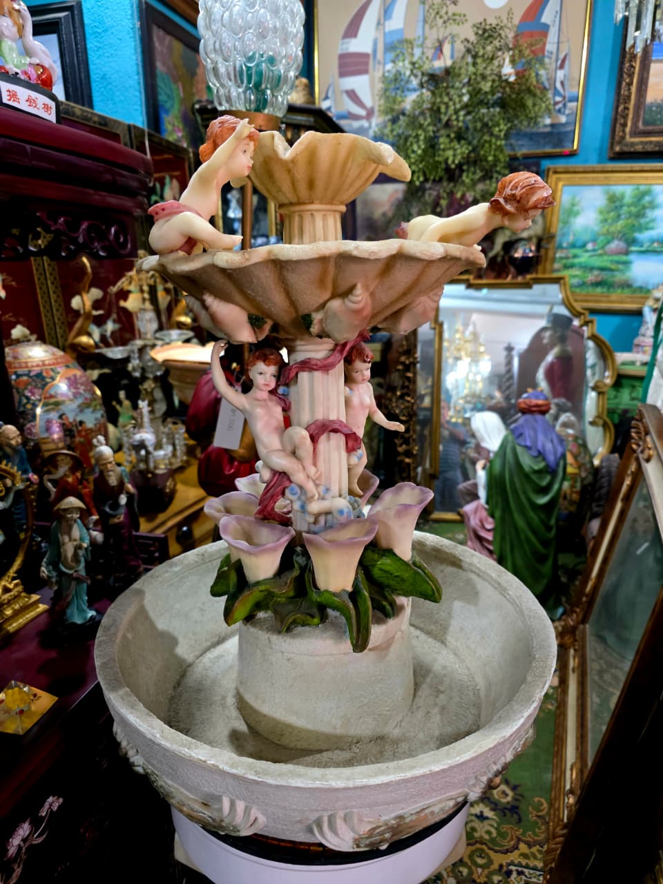 Cherub Fountain with Lilies in Polychrome Resin🕊️