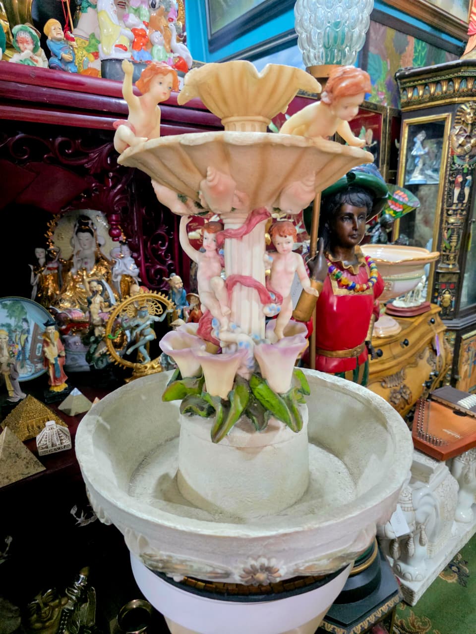 Cherub Fountain with Lilies in Polychrome Resin🕊️
