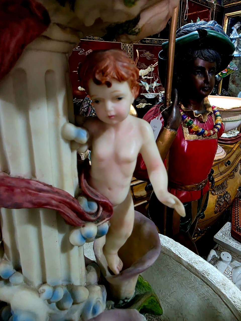 Cherub Fountain with Lilies in Polychrome Resin🕊️