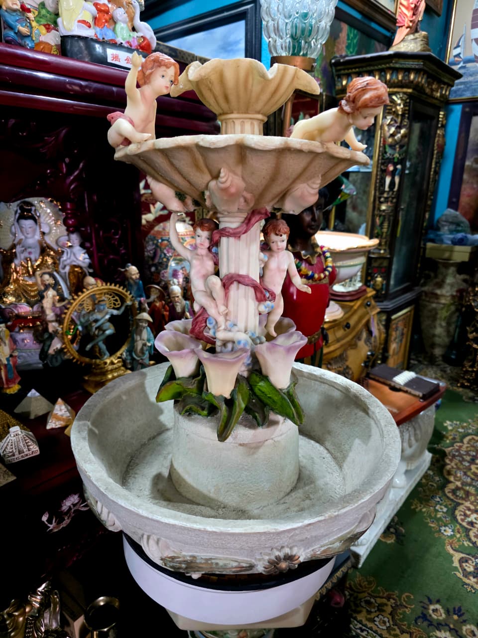 Cherub Fountain with Lilies in Polychrome Resin🕊️