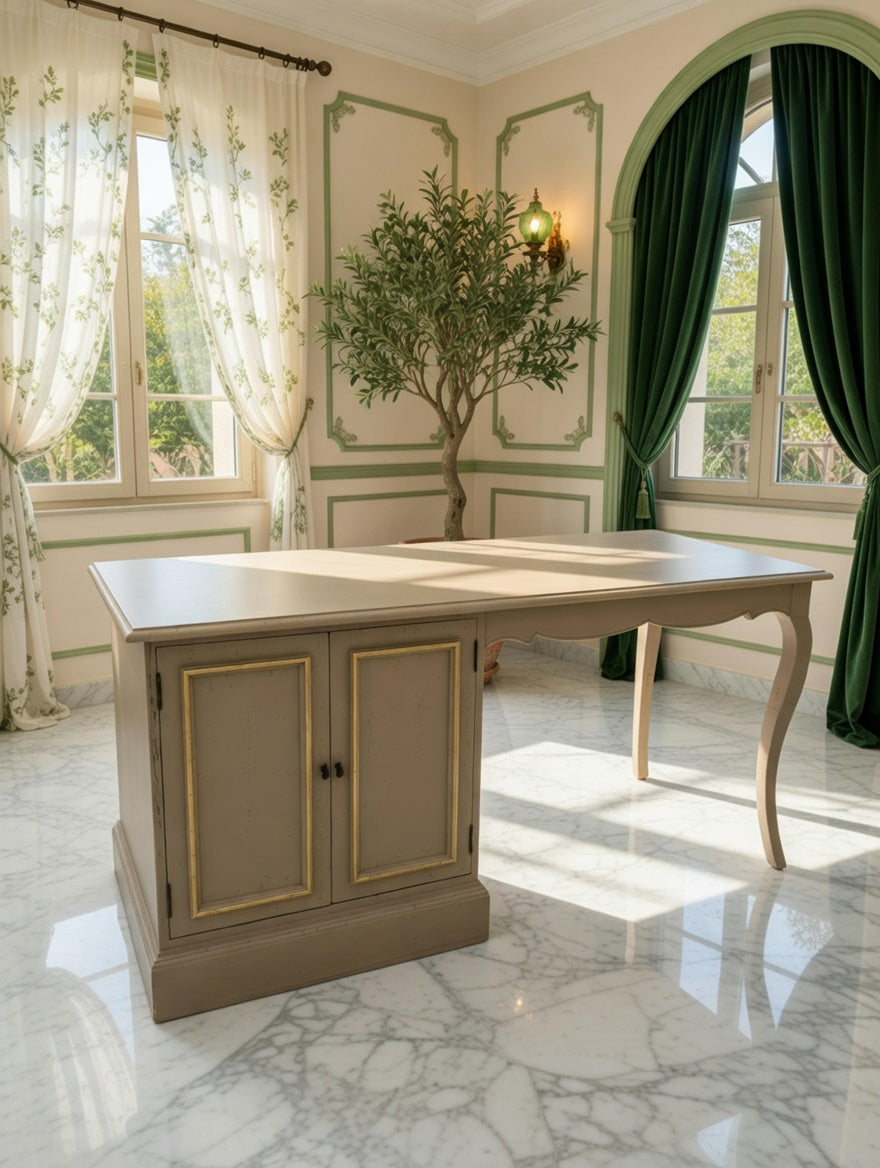 Walnut Wood Desk – Olive Green Distressed Style with Golden Tones 🌳🪞