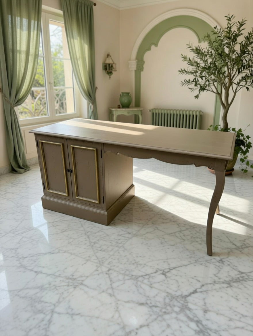Walnut Wood Desk – Olive Green Distressed Style with Golden Tones 🌳🪞