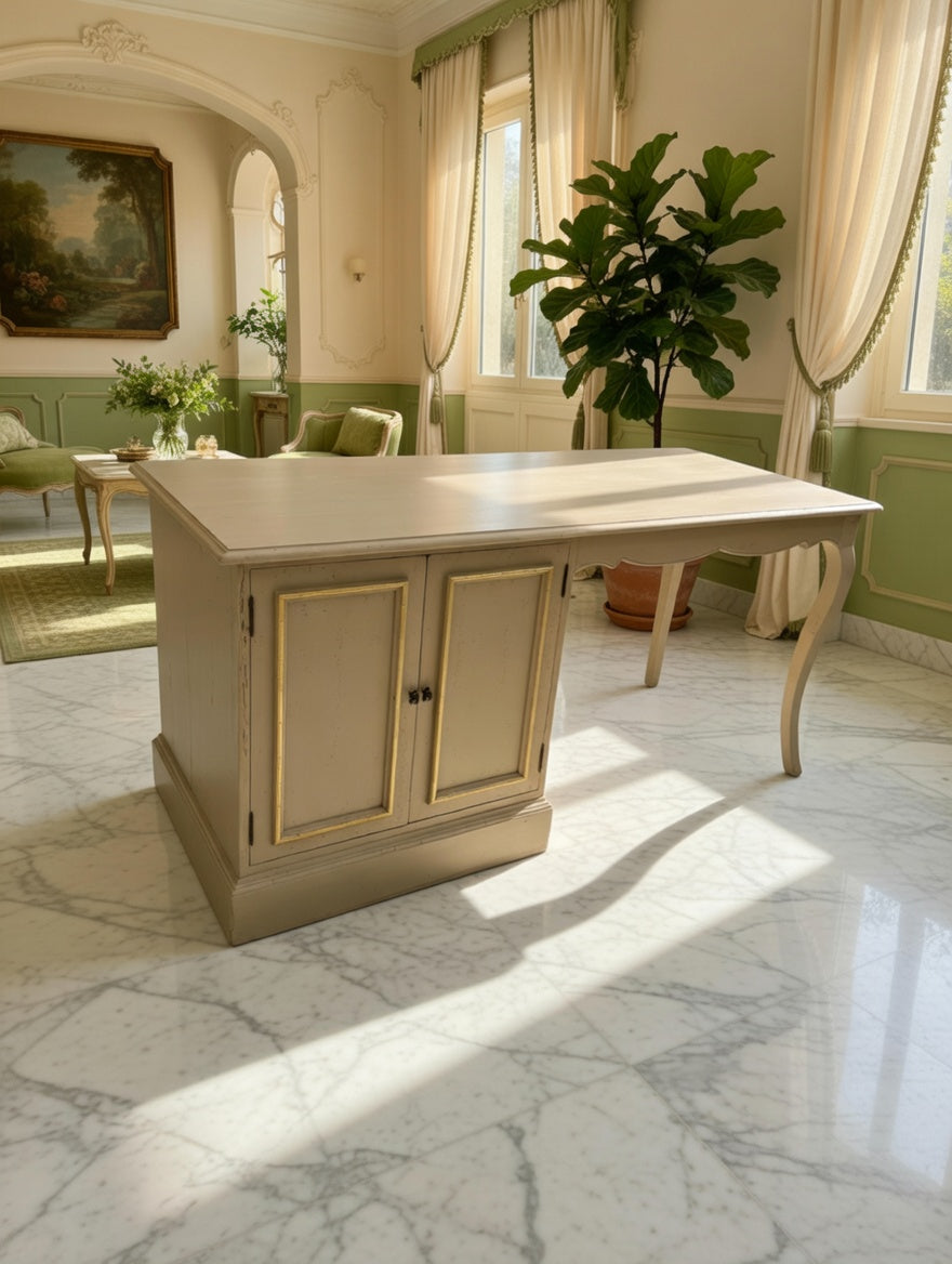 Walnut Wood Desk – Olive Green Distressed Style with Golden Tones 🌳🪞