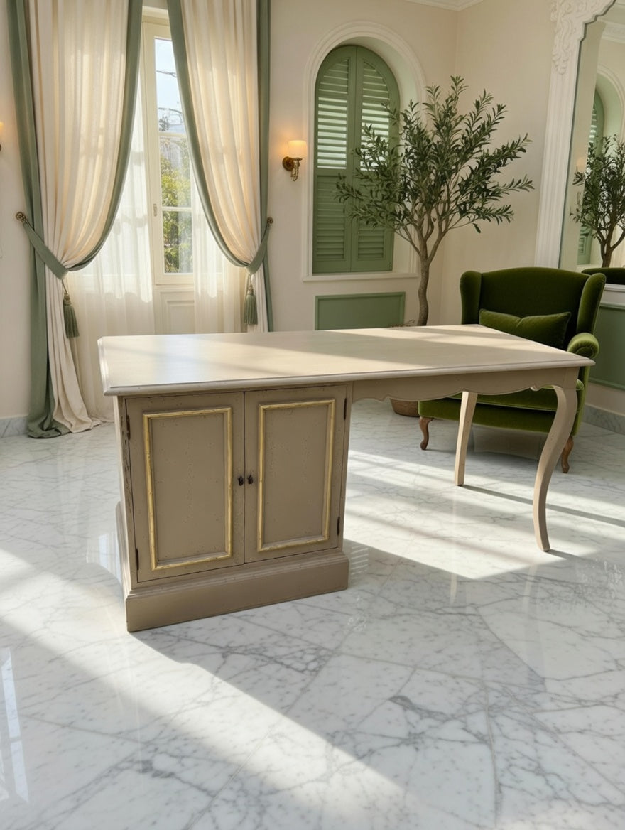 Walnut Wood Desk – Olive Green Distressed Style with Golden Tones 🌳🪞