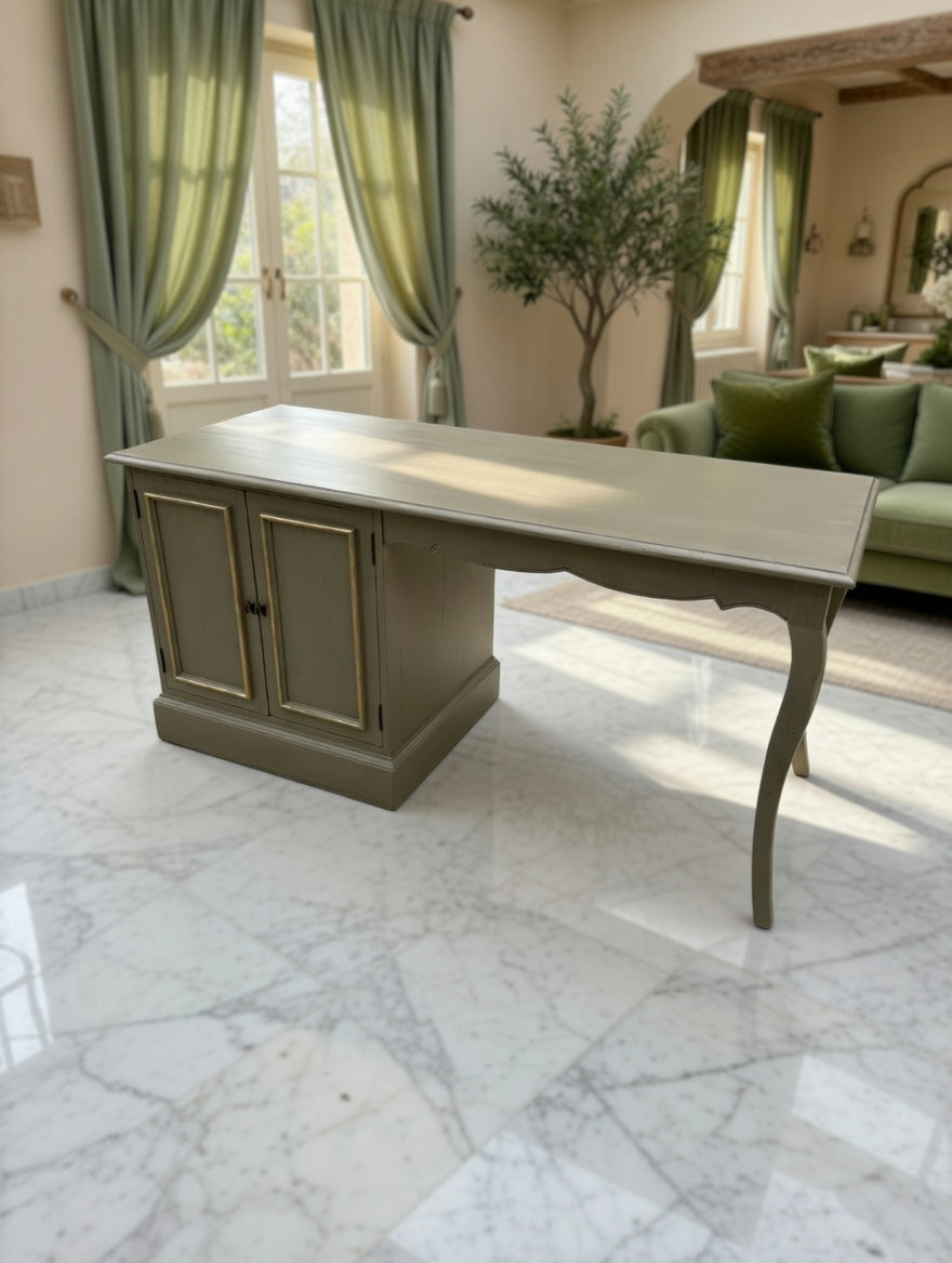 Walnut Wood Desk – Olive Green Distressed Style with Golden Tones 🌳🪞