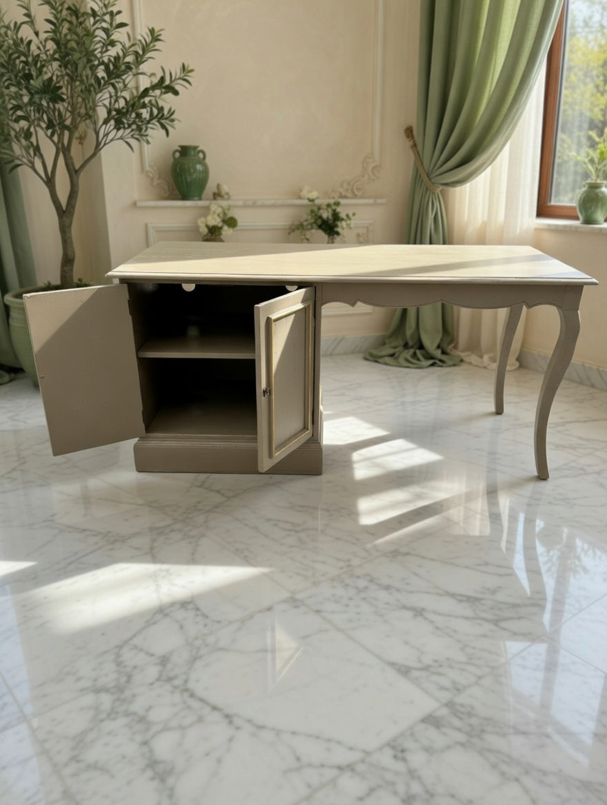 Walnut Wood Desk – Olive Green Distressed Style with Golden Tones 🌳🪞