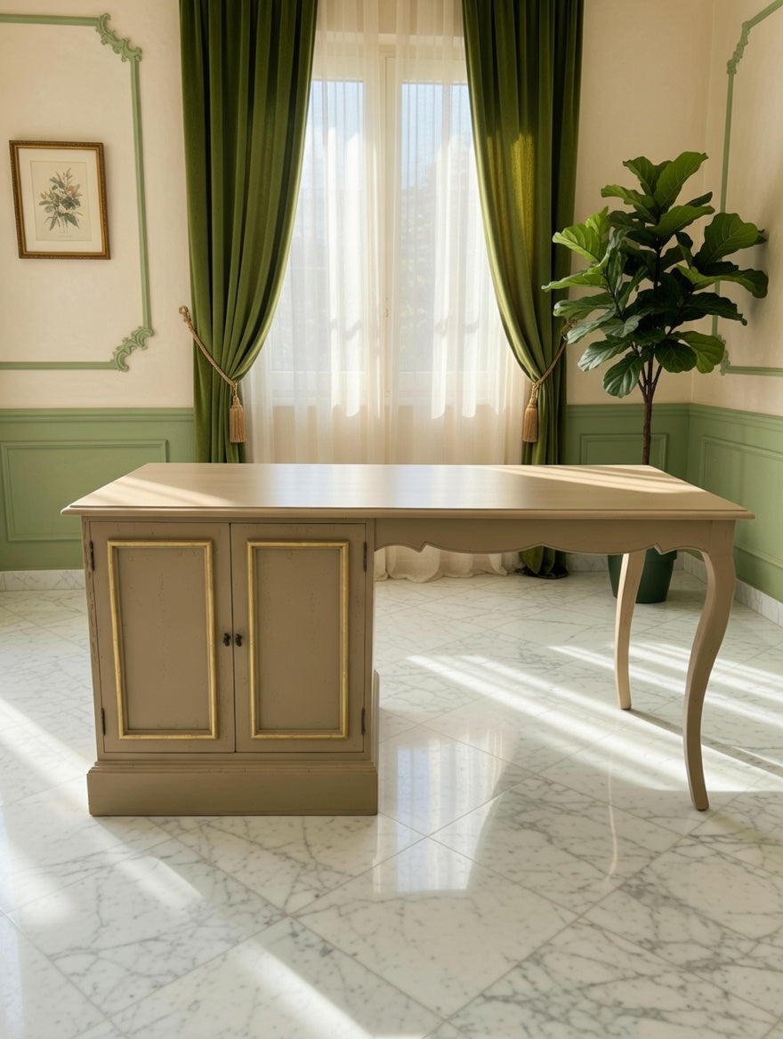 Walnut Wood Desk – Olive Green Distressed Style with Golden Tones 🌳🪞