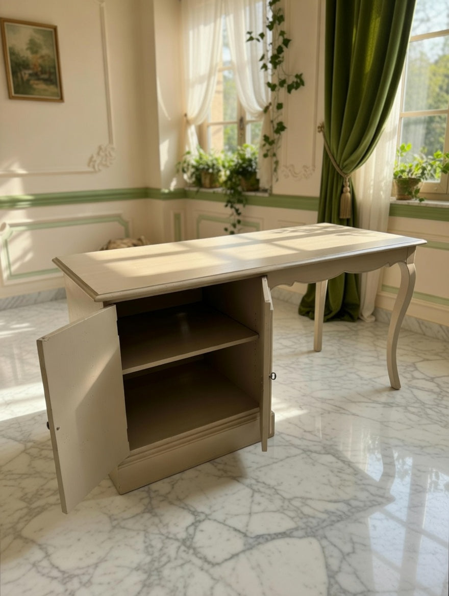 Walnut Wood Desk – Olive Green Distressed Style with Golden Tones 🌳🪞