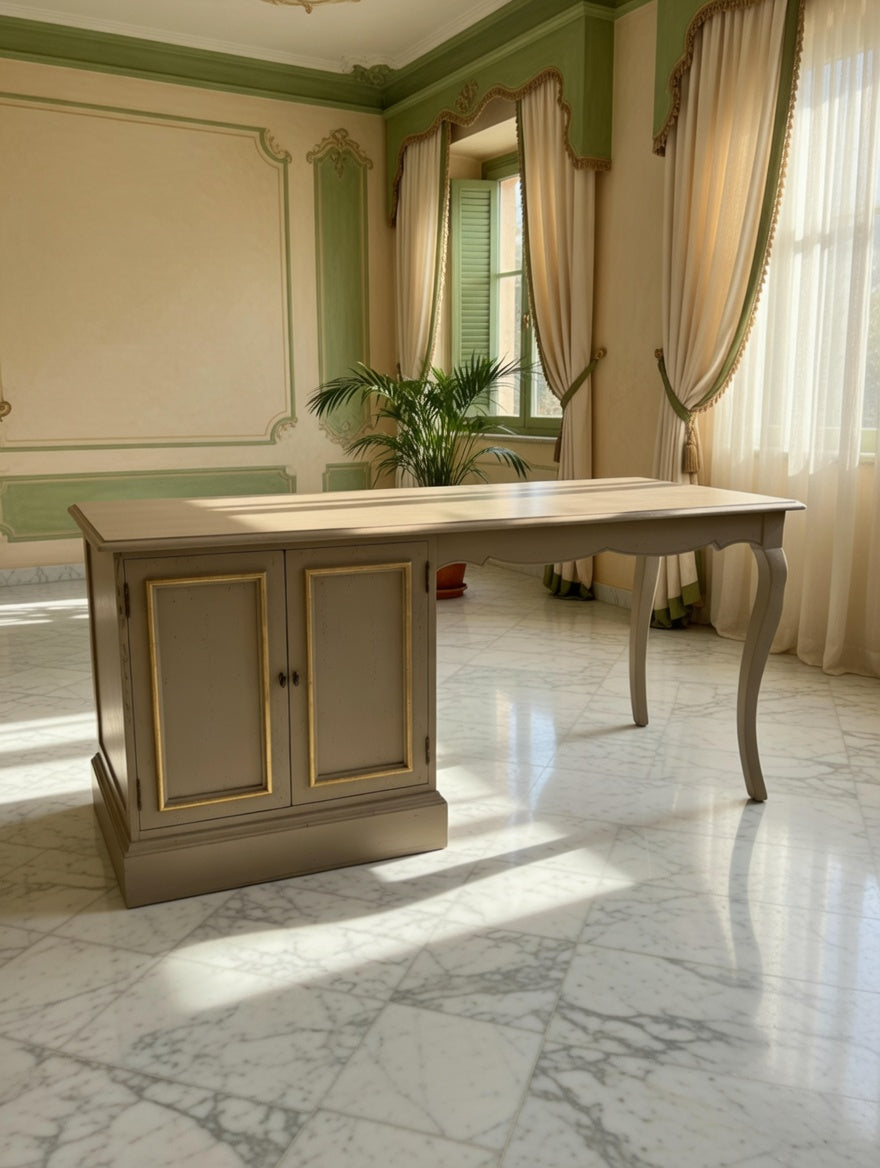 Walnut Wood Desk – Olive Green Distressed Style with Golden Tones 🌳🪞
