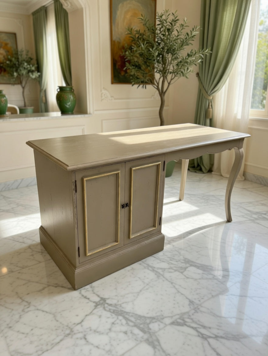 Walnut Wood Desk – Olive Green Distressed Style with Golden Tones 🌳🪞