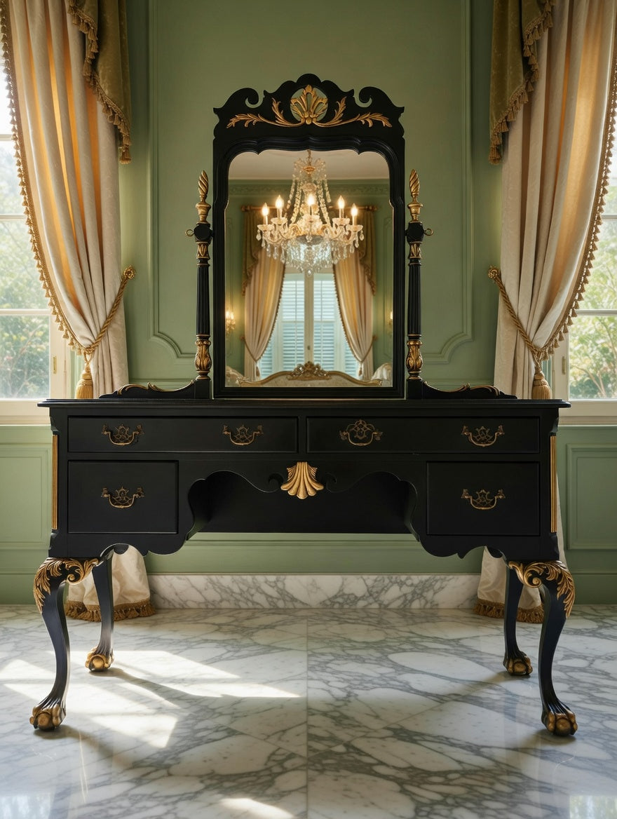 Tocador Chippendale – Negro con Detalles Dorados🌿