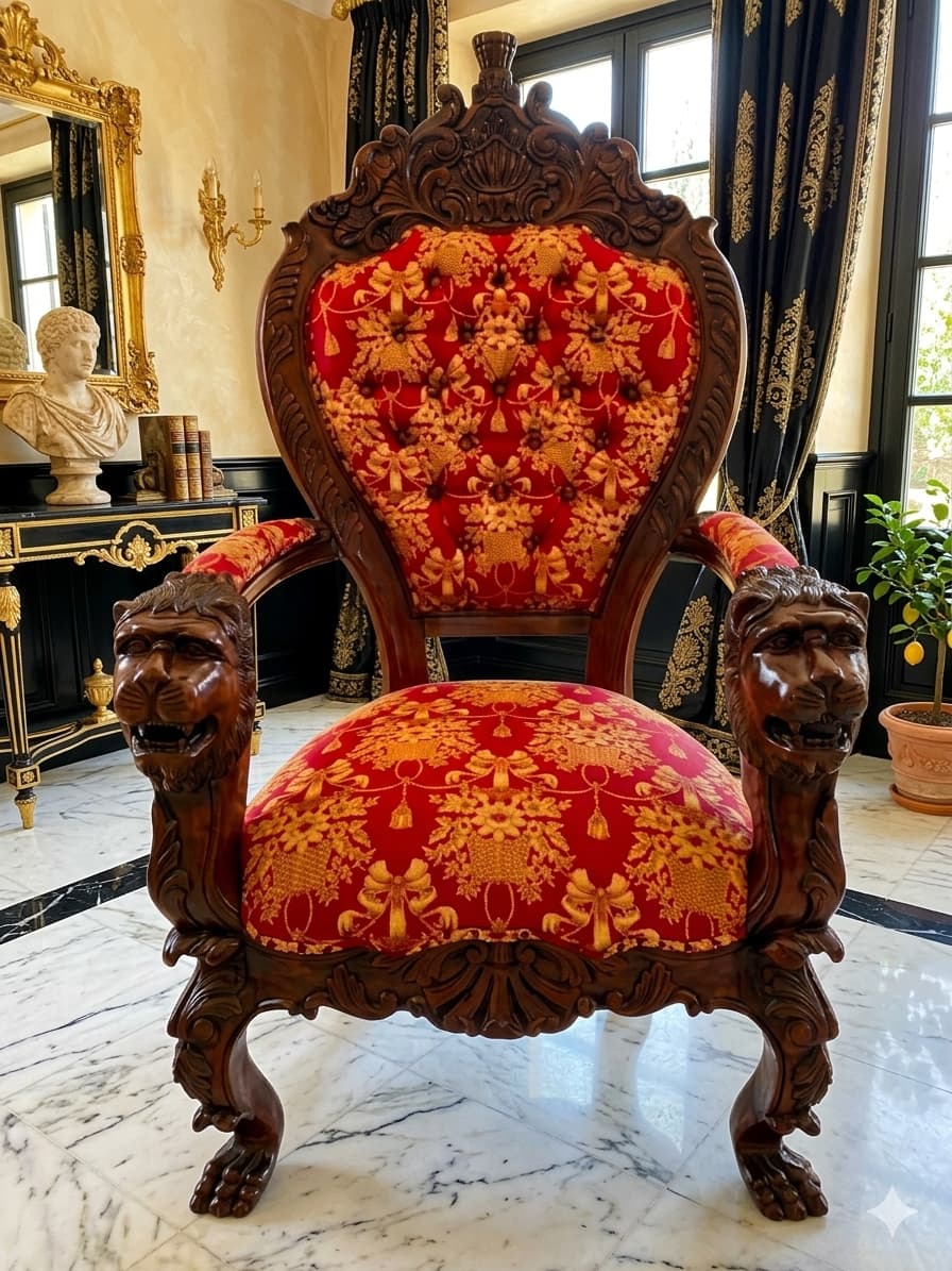 Carved Mahogany Throne Armchair – Power and Distinction 🪞🌿🪶