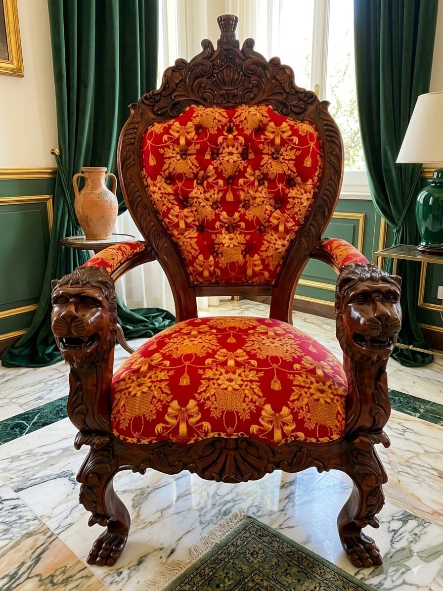 Carved Mahogany Throne Armchair – Power and Distinction 🪞🌿🪶