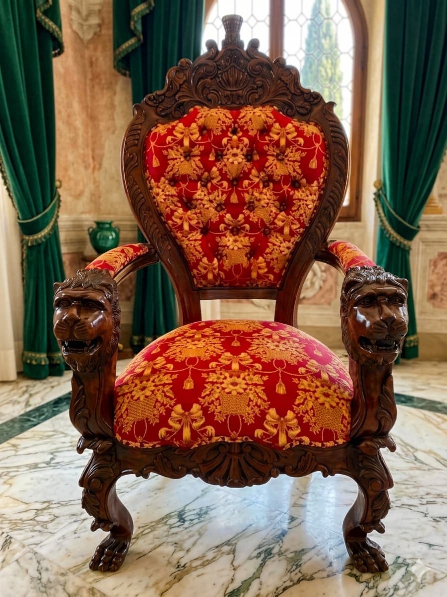 Carved Mahogany Throne Armchair – Power and Distinction 🪞🌿🪶