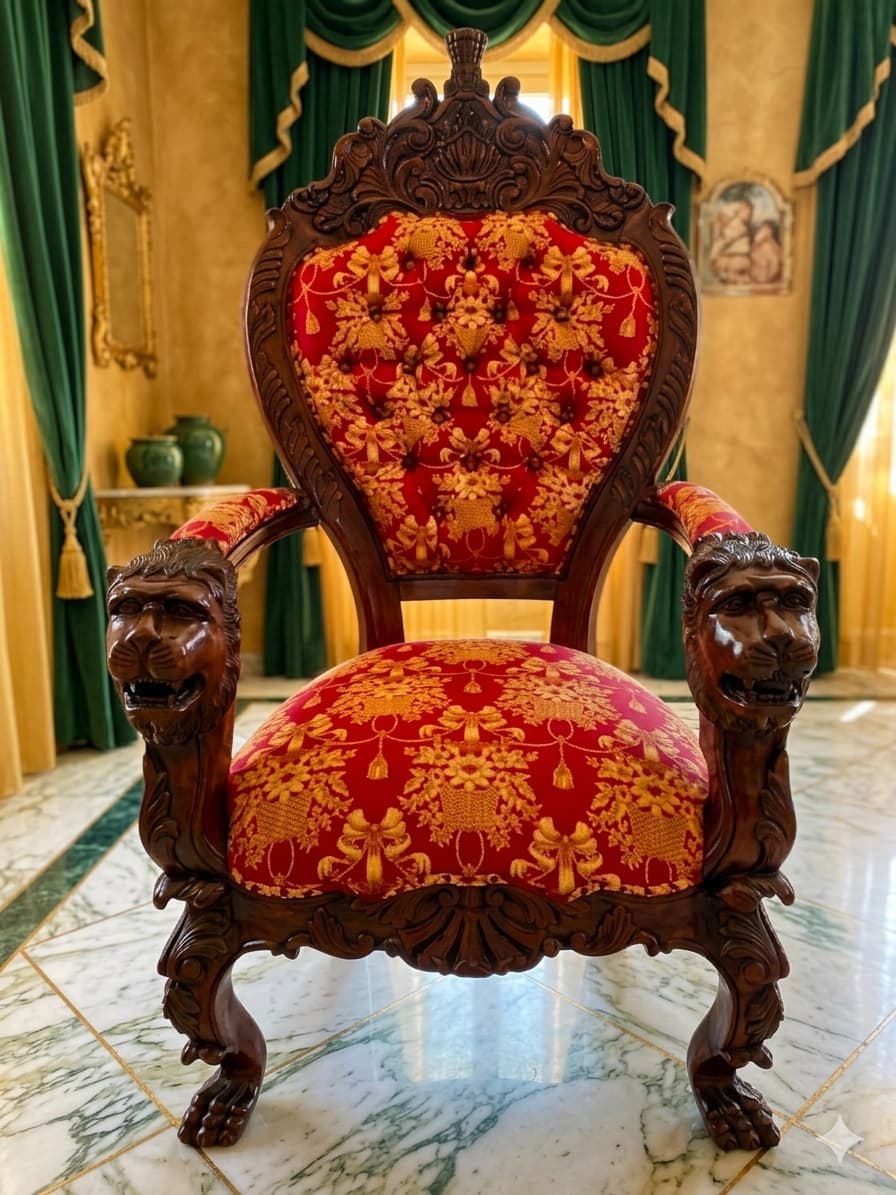 Carved Mahogany Throne Armchair – Power and Distinction 🪞🌿🪶