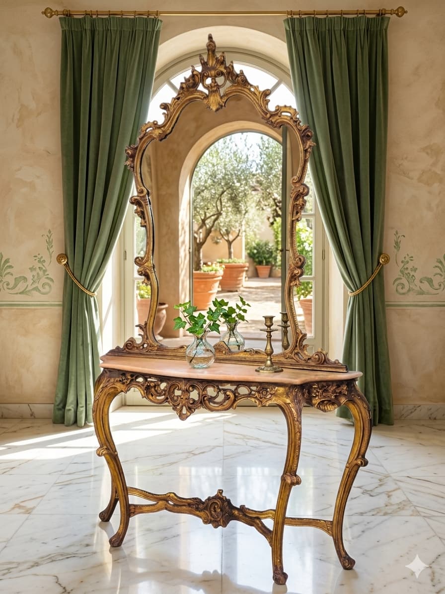 Italian Console Set with Marble Top and Mirror – Louis XV Style (1890–1919) 🌿🏛️🌿