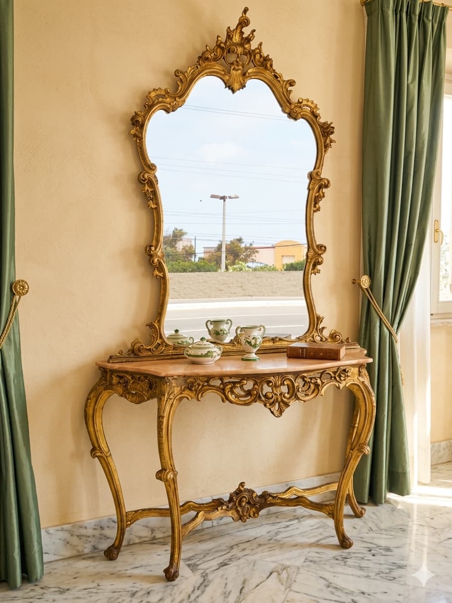 Italian Console Set with Marble Top and Mirror – Louis XV Style (1890–1919) 🌿🏛️🌿