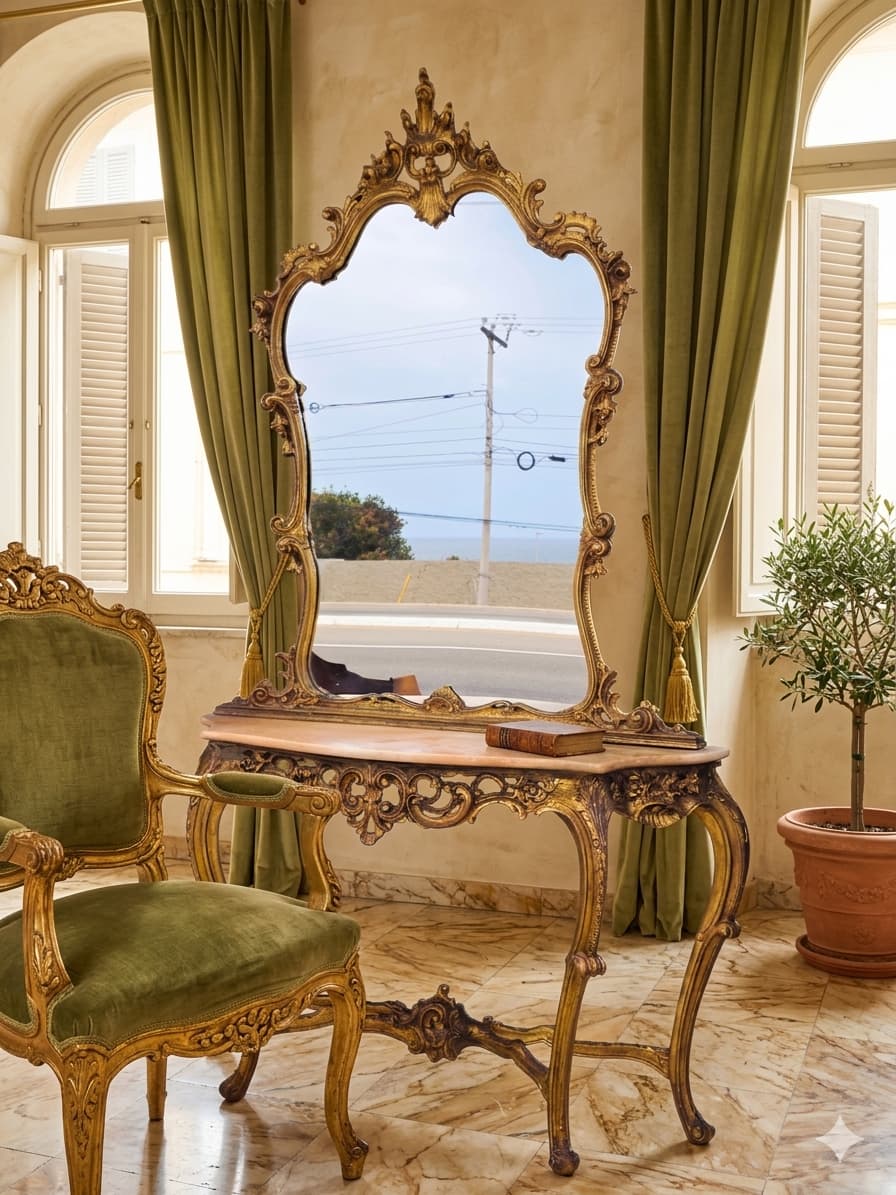 Italian Console Set with Marble Top and Mirror – Louis XV Style (1890–1919) 🌿🏛️🌿