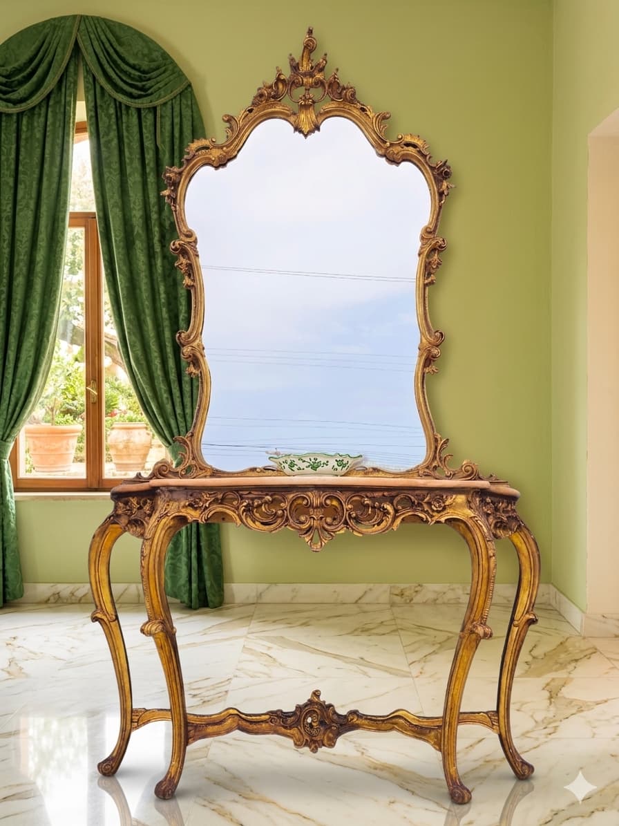 Italian Console Set with Marble Top and Mirror – Louis XV Style (1890–1919) 🌿🏛️🌿