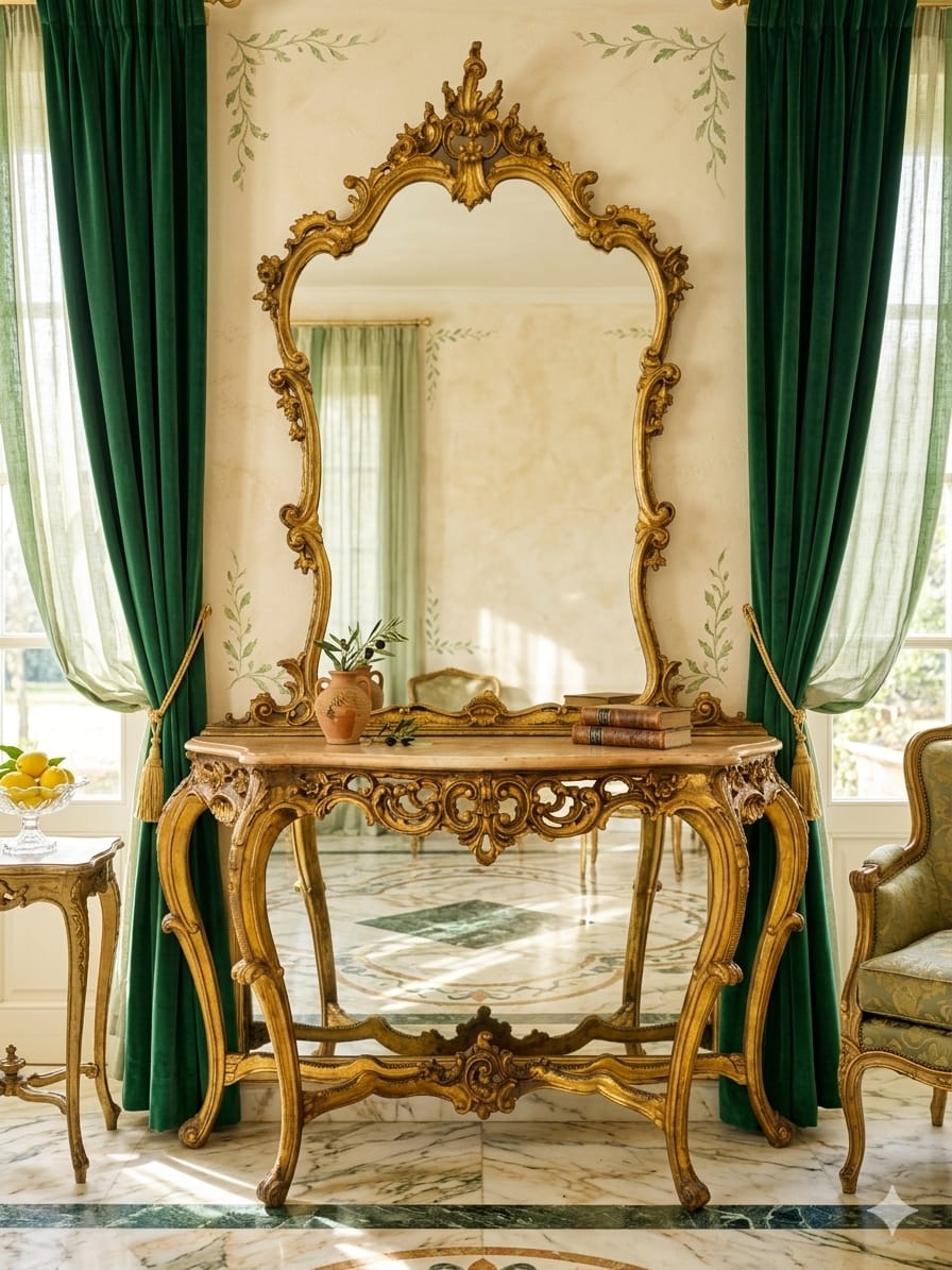 Italian Console Set with Marble Top and Mirror – Louis XV Style (1890–1919) 🌿🏛️🌿
