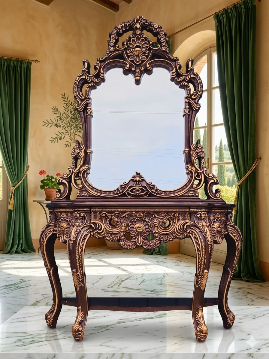 Credenza and Mirror – Homey Design Inc, Classic Style with Golden Carving 🏛️🎭🌿