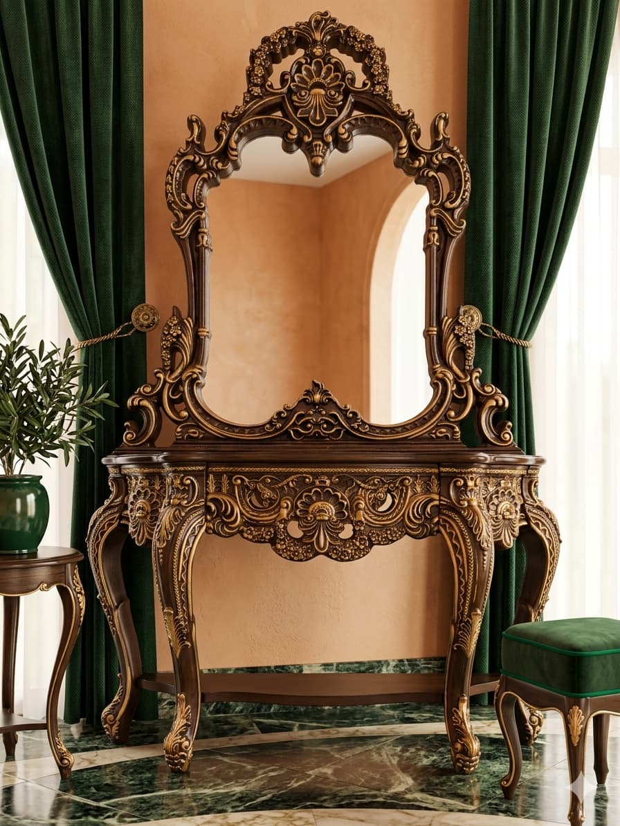 Credenza and Mirror – Homey Design Inc, Classic Style with Golden Carving 🏛️🎭🌿
