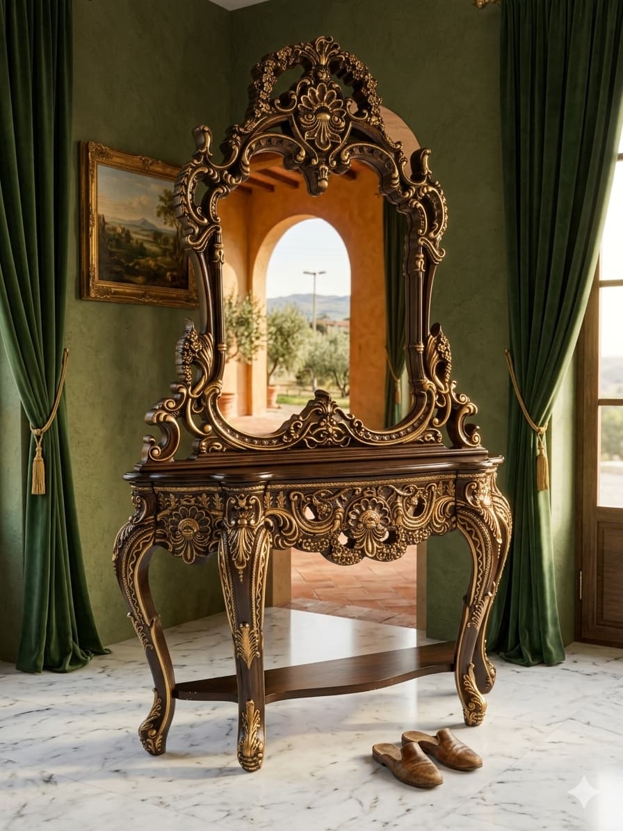 Credenza and Mirror – Homey Design Inc, Classic Style with Golden Carving 🏛️🎭🌿