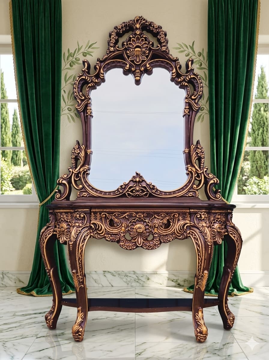 Credenza and Mirror – Homey Design Inc, Classic Style with Golden Carving 🏛️🎭🌿