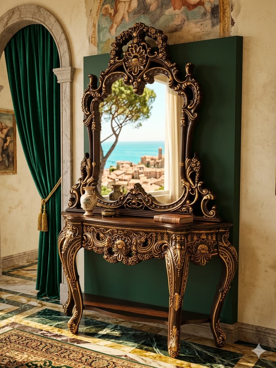 Credenza and Mirror – Homey Design Inc, Classic Style with Golden Carving 🏛️🎭🌿