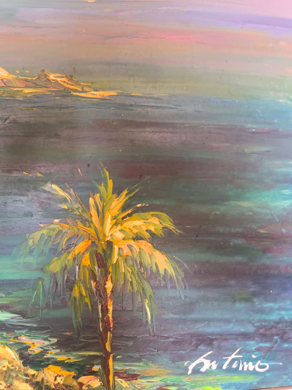 Paisaje costero al atardecer – Firmado Artemio🖌️