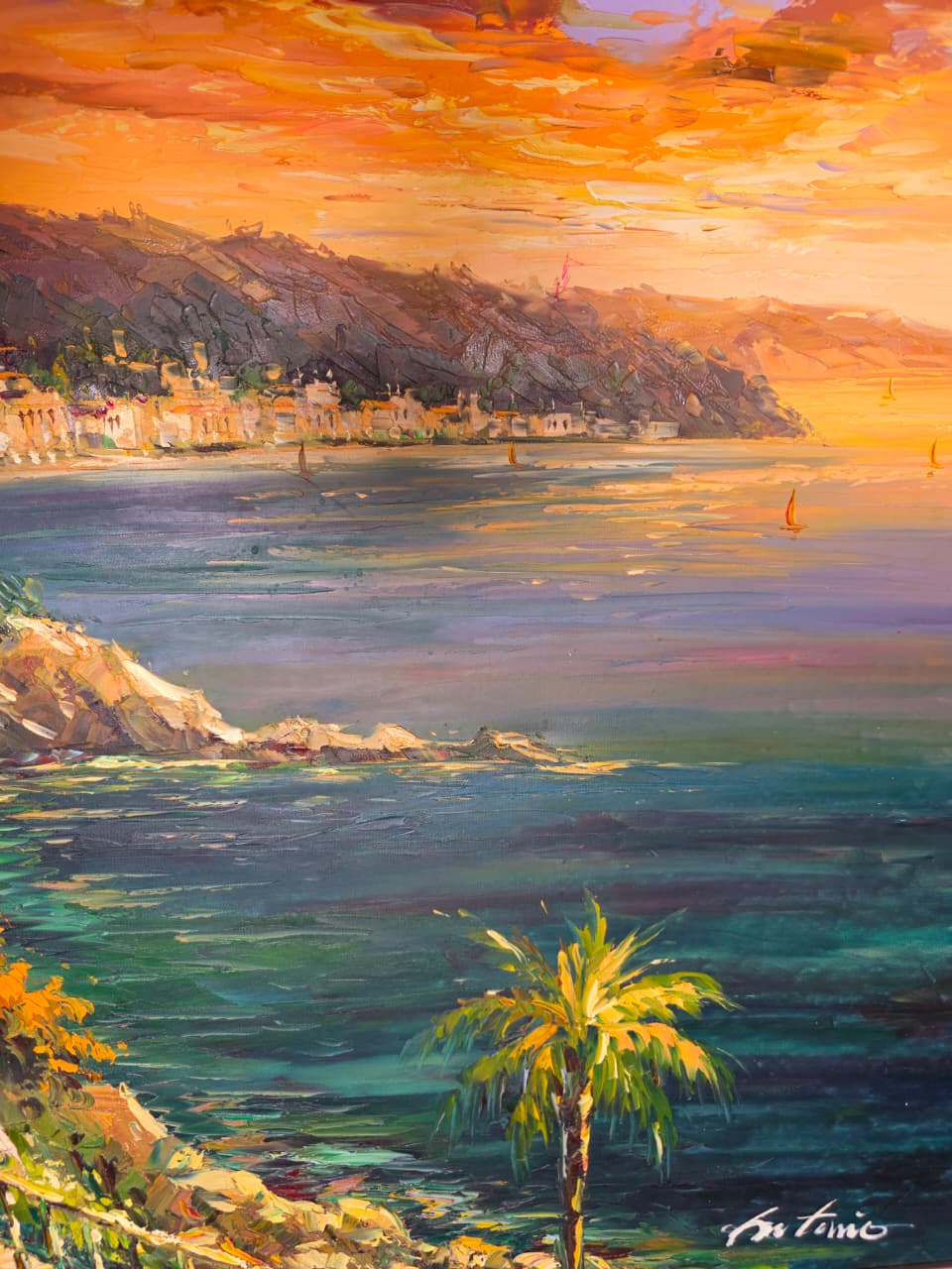 Paisaje costero al atardecer – Firmado Artemio🖌️