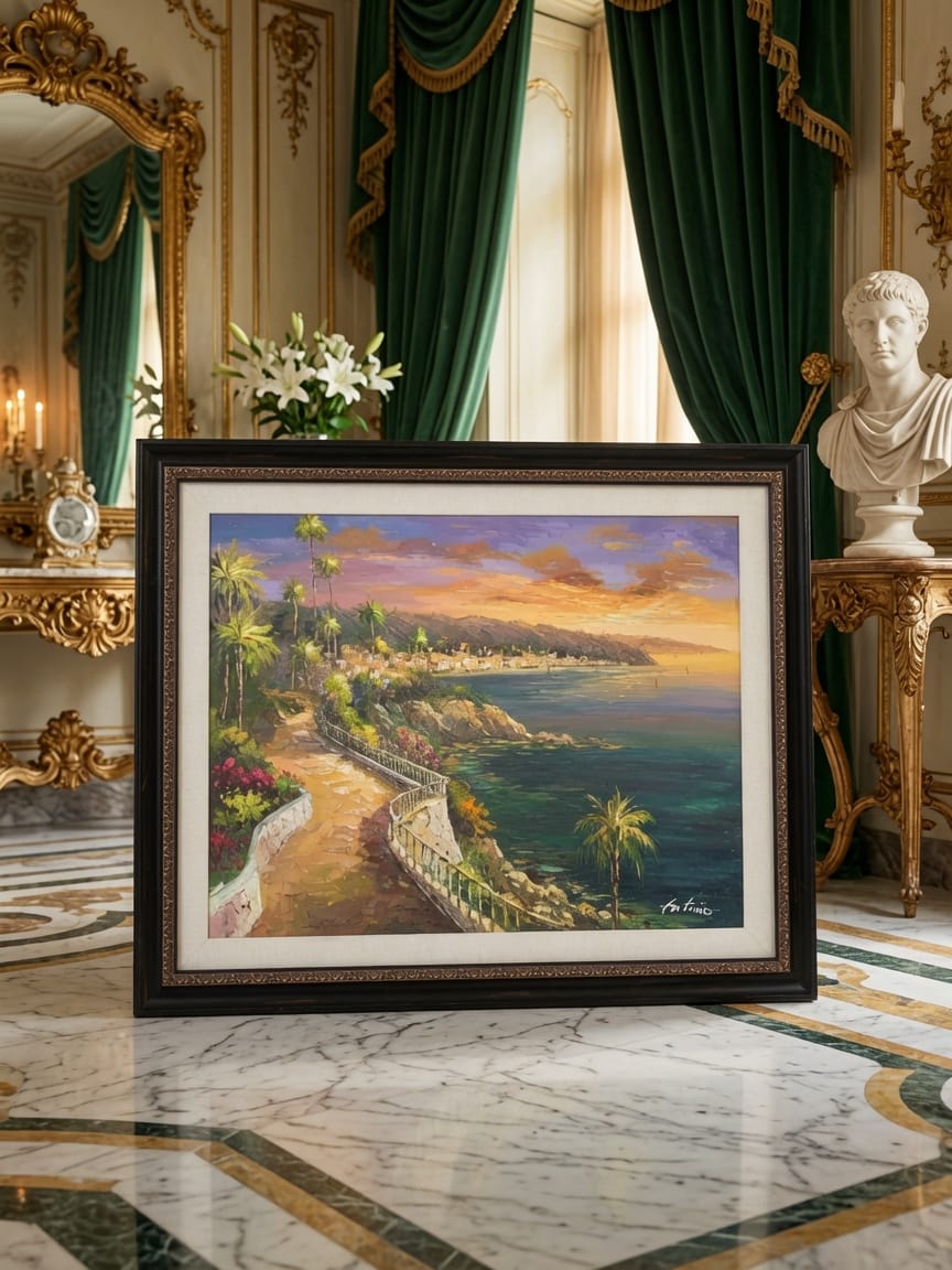 Paisaje costero al atardecer – Firmado Artemio🖌️
