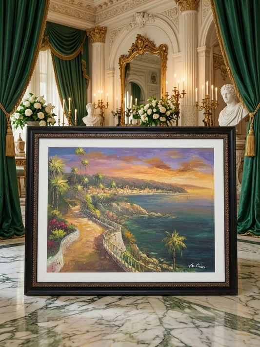 Paisaje costero al atardecer – Firmado Artemio🖌️